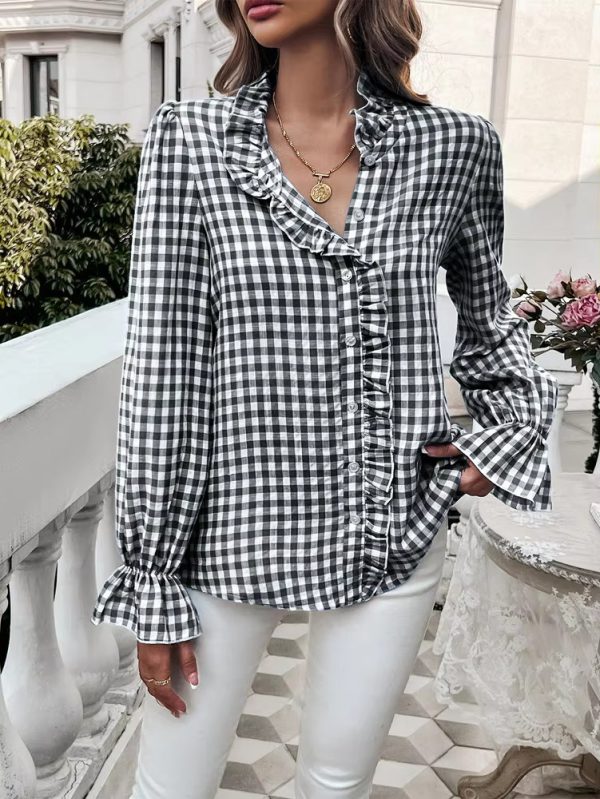 Casual Long-sleeve Single Breasted Ruffled Plaid Button Shirts