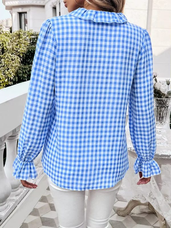 Casual Long-sleeve Single Breasted Ruffled Plaid Button Shirts - Image 6