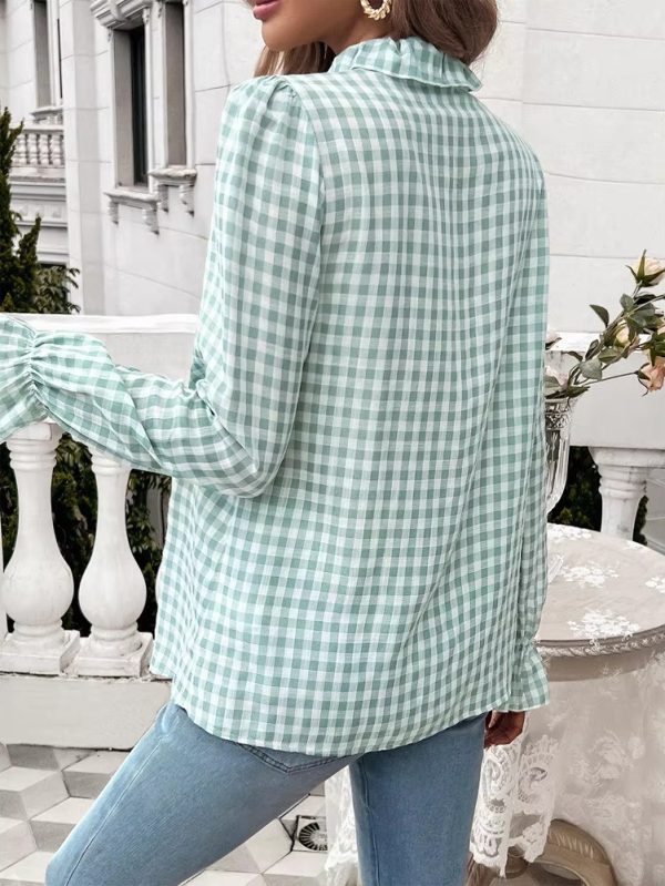 Casual Long-sleeve Single Breasted Ruffled Plaid Button Shirts - Image 9