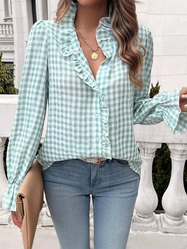 Casual Long-sleeve Single Breasted Ruffled Plaid Button Shirts - Image 7