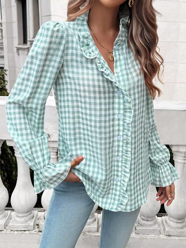 Casual Long-sleeve Single Breasted Ruffled Plaid Button Shirts - Image 8