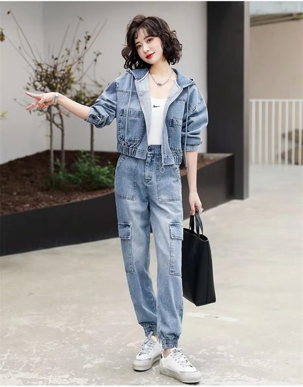 Casual Solid Full Sleeve Fake Zippers Short Jacket Denim Jeans 2 Piece Set - Image 2