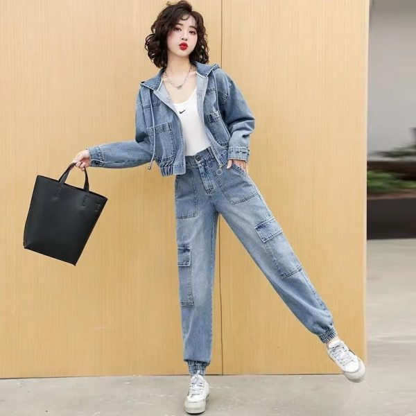 Casual Solid Full Sleeve Fake Zippers Short Jacket Denim Jeans 2 Piece Set - Image 5