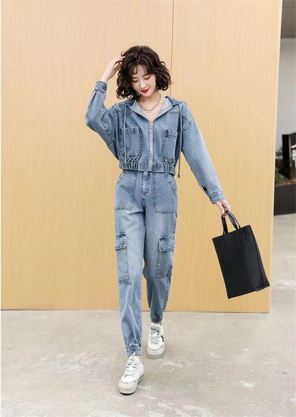 Casual Solid Full Sleeve Fake Zippers Short Jacket Denim Jeans 2 Piece Set - Image 4