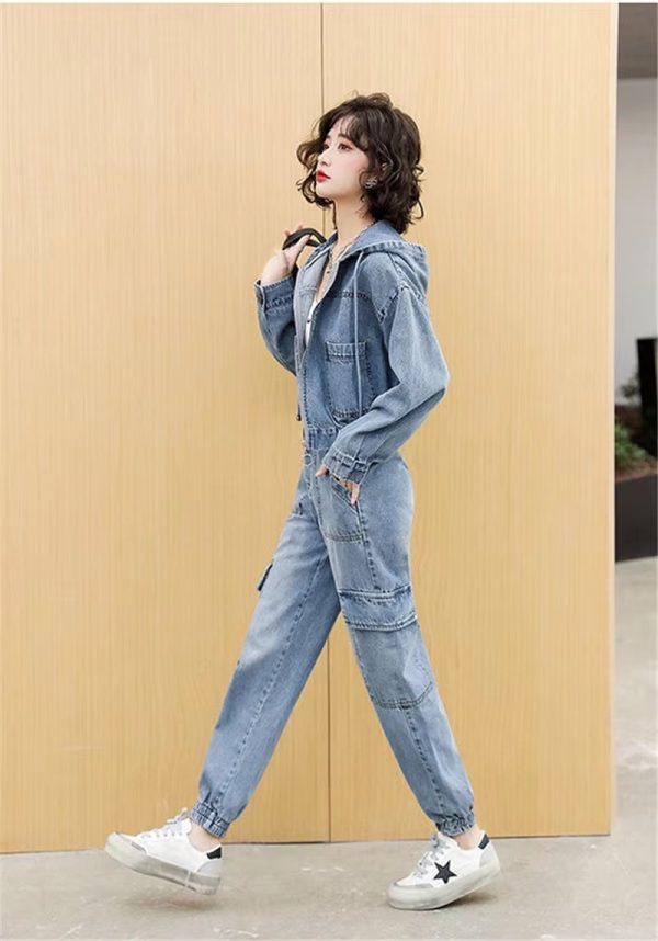 Casual Solid Full Sleeve Fake Zippers Short Jacket Denim Jeans 2 Piece Set - Image 6