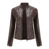 Casual Solid Round Neck Long Sleeved Classic Retro Style Leather Jacket - Image 11