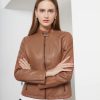 Casual Solid Round Neck Long Sleeved Classic Retro Style Leather Jacket - Image 4
