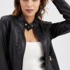 Casual Solid Round Neck Long Sleeved Classic Retro Style Leather Jacket - Image 7