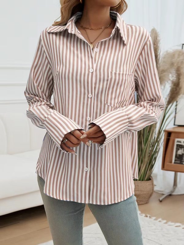 Casual Turn-down Collar Long-Sleeve Lapel Button Striped Shirt - Image 10