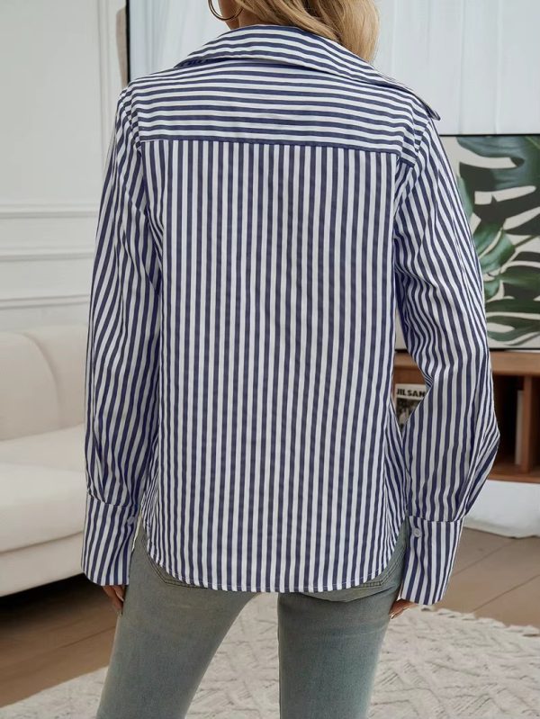 Casual Turn-down Collar Long-Sleeve Lapel Button Striped Shirt - Image 9