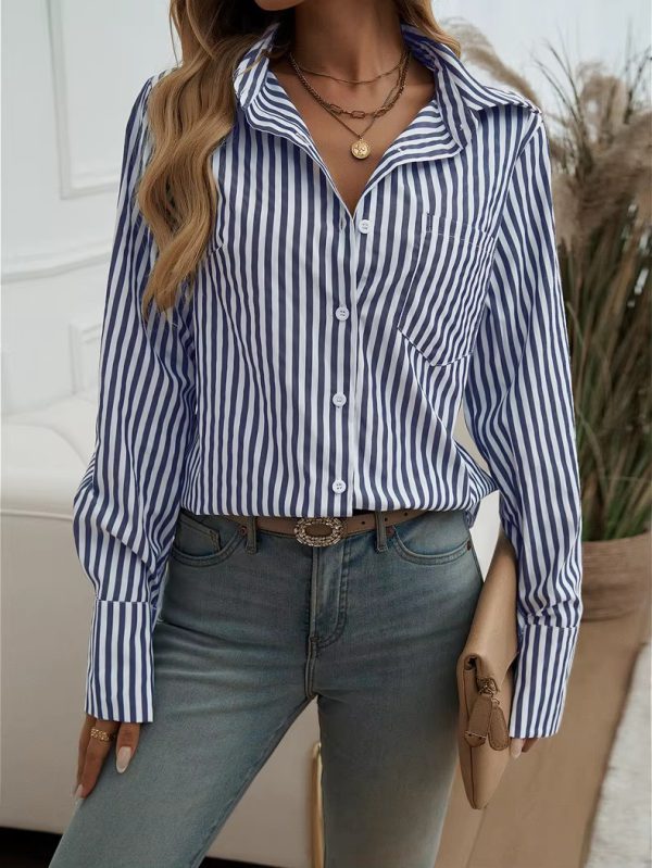 Casual Turn-down Collar Long-Sleeve Lapel Button Striped Shirt - Image 8