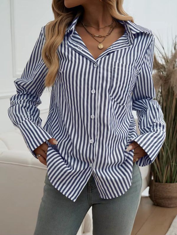 Casual Turn-down Collar Long-Sleeve Lapel Button Striped Shirt - Image 6