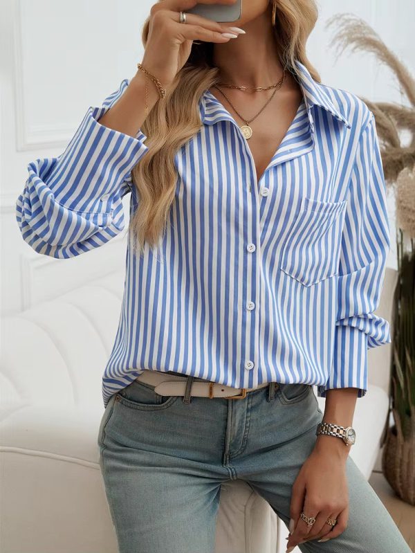 Casual Turn-down Collar Long-Sleeve Lapel Button Striped Shirt