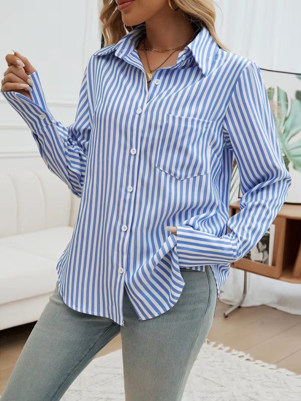 Casual Turn-down Collar Long-Sleeve Lapel Button Striped Shirt - Image 3