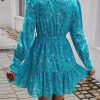 Casual V-neck Puff Sleeve Floral Print Ruffled A-line Mini Dress - Image 3