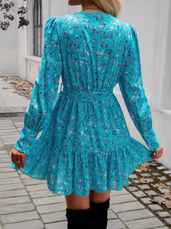 Casual V-neck Puff Sleeve Floral Print Ruffled A-line Mini Dress - Image 3