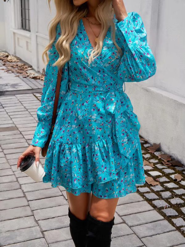 Casual V-neck Puff Sleeve Floral Print Ruffled A-line Mini Dress - Image 2