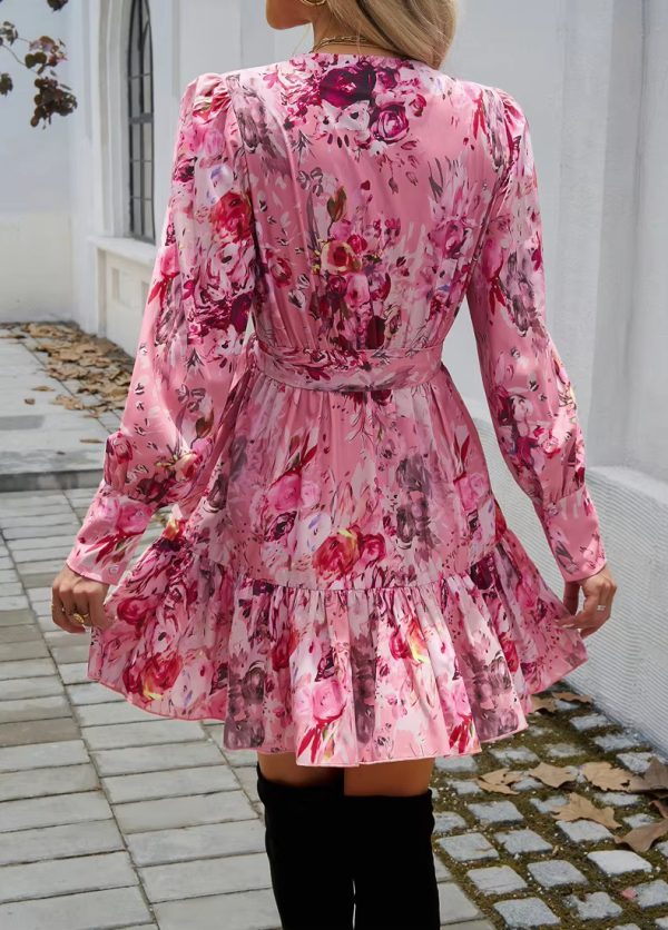 Vintage Ruffled  V-neck Puff Sleeve Floral Print A-line Mini Dress - Image 3