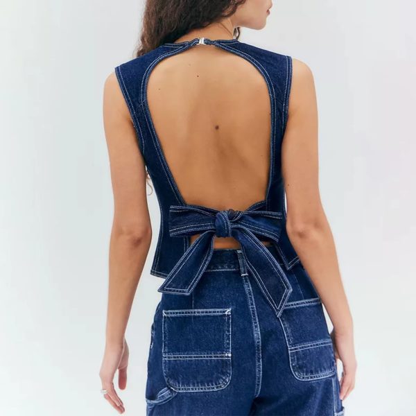 Chic Round Neck Sleeveless Countryside Going Out Denim Vest Tank Top - Image 5