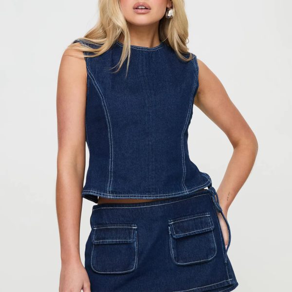 Chic Round Neck Sleeveless Countryside Going Out Denim Vest Tank Top - Image 3