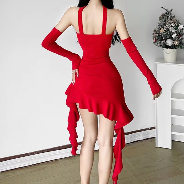 Christmas Design Collar Halter Cuff Slim-Fit Waist Waist Mini Dress - Image 7