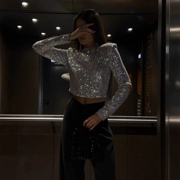 Classic Glitter Sequin Slim Long Sleeve Solid Casual Crop Top - Image 12