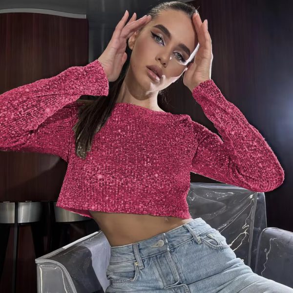 Classic Glitter Sequin Slim Long Sleeve Solid Casual Crop Top - Image 17