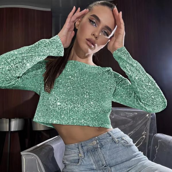 Classic Glitter Sequin Slim Long Sleeve Solid Casual Crop Top - Image 18