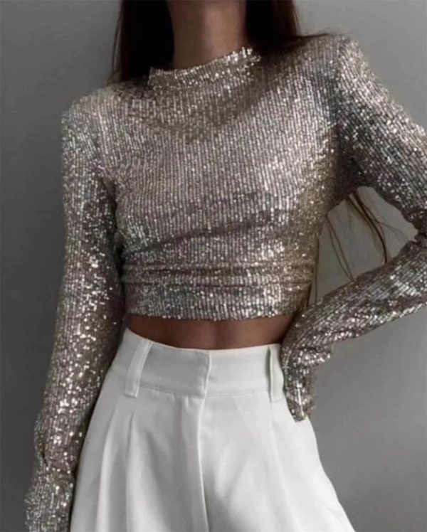 Classic Glitter Sequin Slim Long Sleeve Solid Casual Crop Top - Image 14