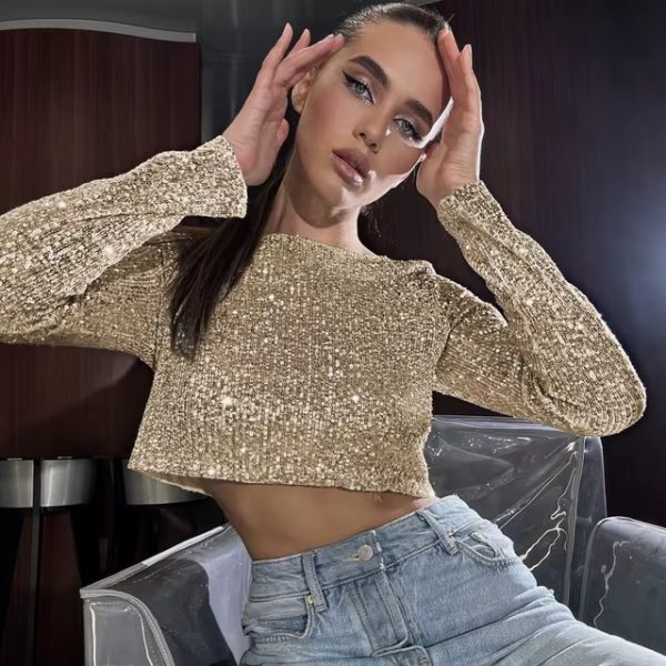 Classic Glitter Sequin Slim Long Sleeve Solid Casual Crop Top - Image 8