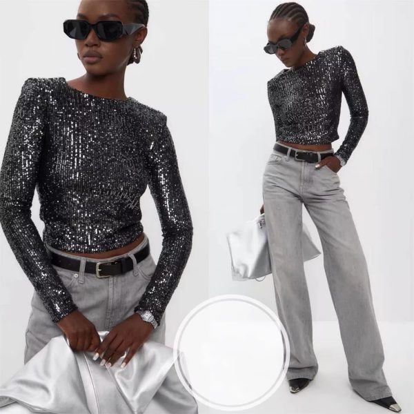 Classic Glitter Sequin Slim Long Sleeve Solid Casual Crop Top - Image 6