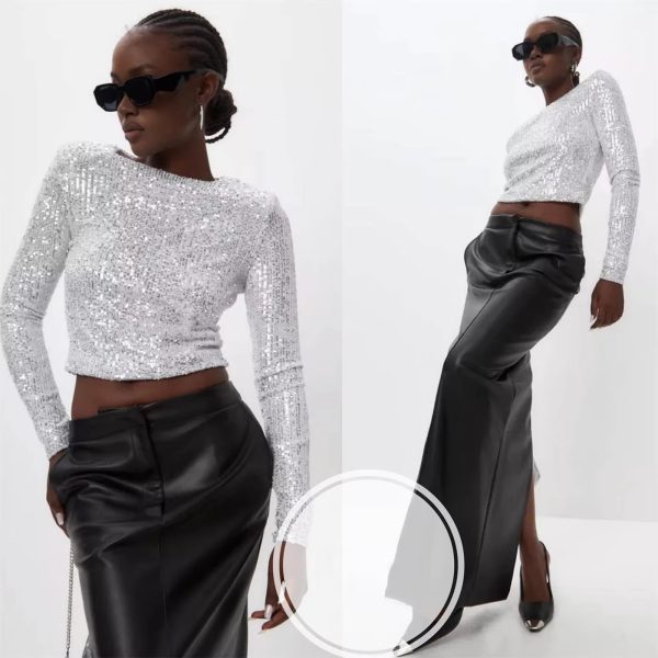 Classic Glitter Sequin Slim Long Sleeve Solid Casual Crop Top - Image 19