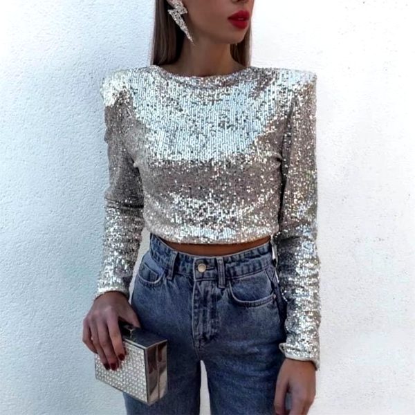 Classic Glitter Sequin Slim Long Sleeve Solid Casual Crop Top - Image 9