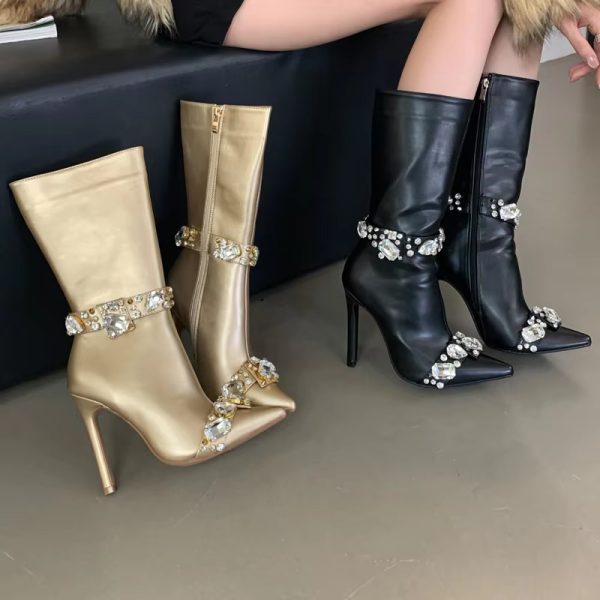 Crystal Diamond Pointed Toe Stiletto Zip Leather Ankle Boots - Image 9