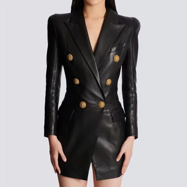 Designer Lion Metal Buttons Faux Leather High Street Blazer Dress