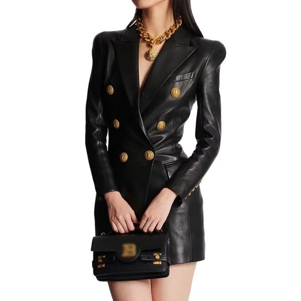 Designer Lion Metal Buttons Faux Leather High Street Blazer Dress - Image 2