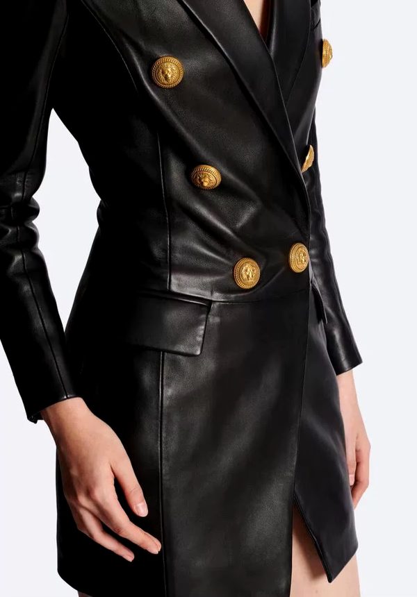 Designer Lion Metal Buttons Faux Leather High Street Blazer Dress - Image 4