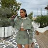 Elegant Button Up Loose Top With High Waist Mini Skirts Crop 2 Piece Sets