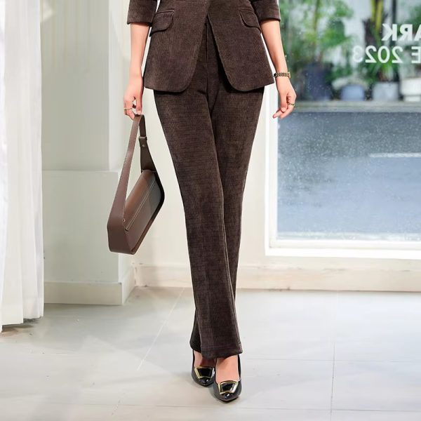 Elegant Corduroy Single Button Formal Business Work Wear 2 Piece Pant Suit - Image 4