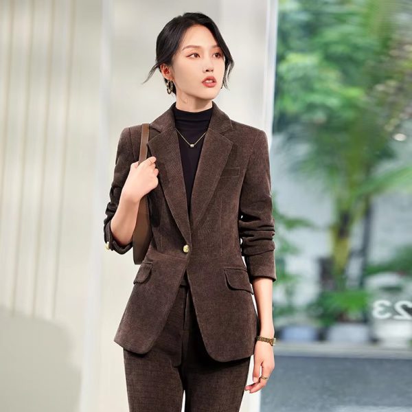 Elegant Corduroy Single Button Formal Business Work Wear 2 Piece Pant Suit - Image 5