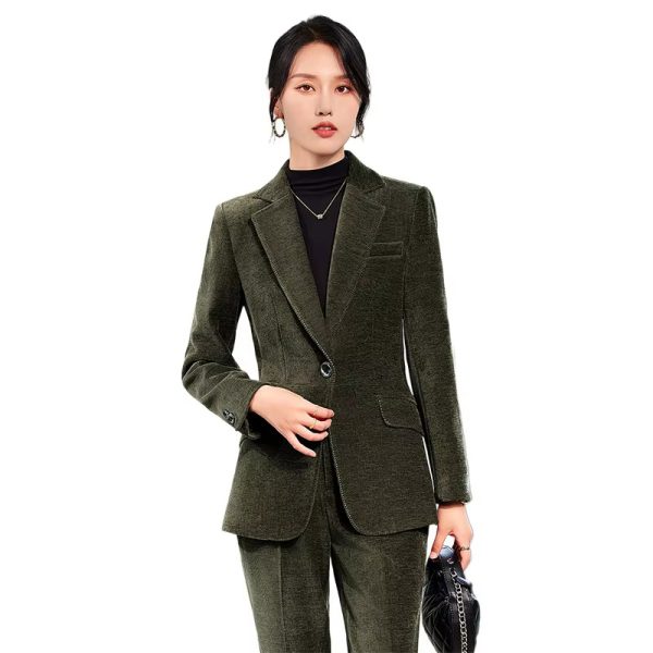 Elegant Corduroy Single Button Formal Business Work Wear 2 Piece Pant Suit - Image 3