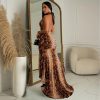 Elegant Deep V-Neck Backless Print Halter Ruched High Split Maxi Dress - Image 2