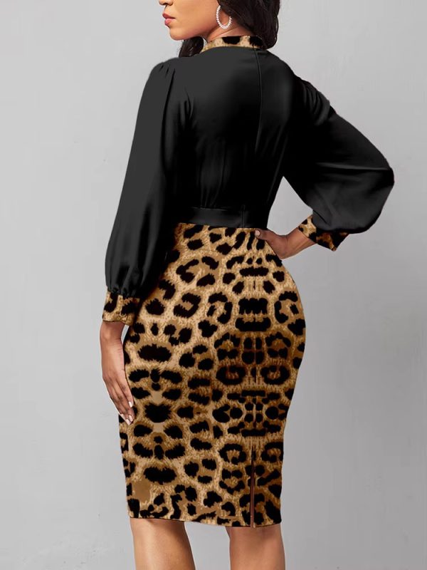 Elegant Leopard Print V Neck Lantern Sleeve A-LINE Office Lady Dresses - Image 3