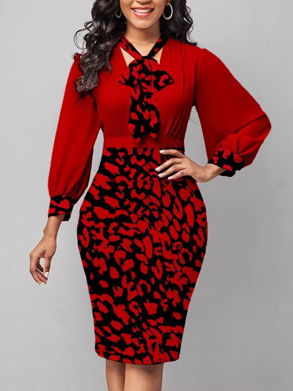 Elegant Leopard Print V Neck Lantern Sleeve A-LINE Office Lady Dresses - Image 4