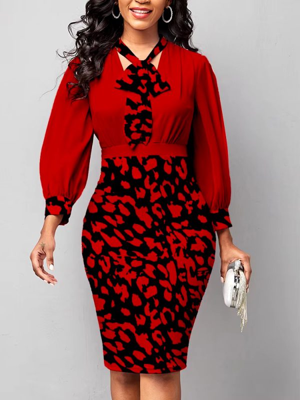 Elegant Leopard Print V Neck Lantern Sleeve A-LINE Office Lady Dresses - Image 5