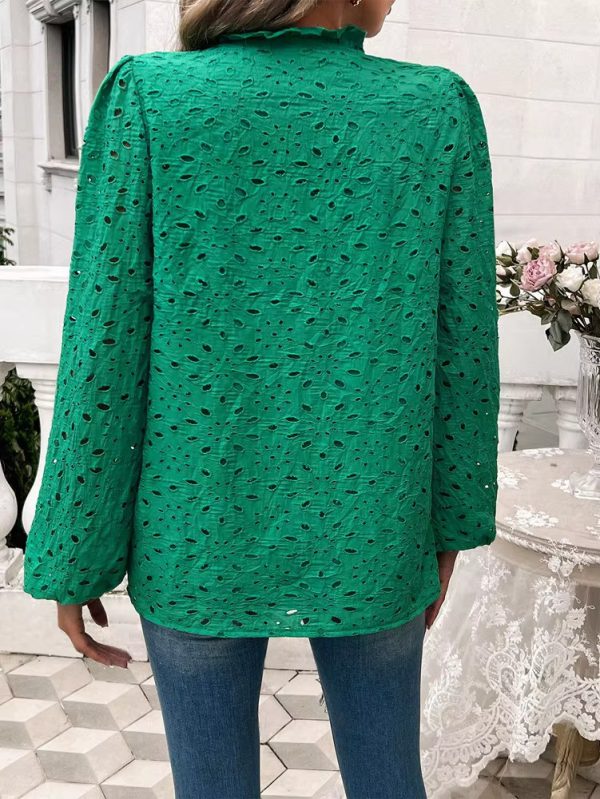 Elegant Ruffled Hollow Out Puff Sleeve Loose Fit Shirt - Image 15