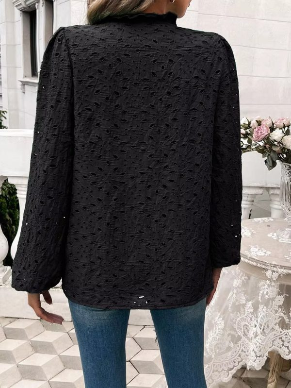 Elegant Ruffled Hollow Out Puff Sleeve Loose Fit Shirt - Image 6