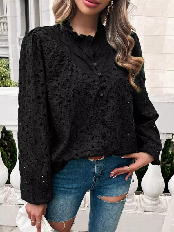 Elegant Ruffled Hollow Out Puff Sleeve Loose Fit Shirt - Image 4