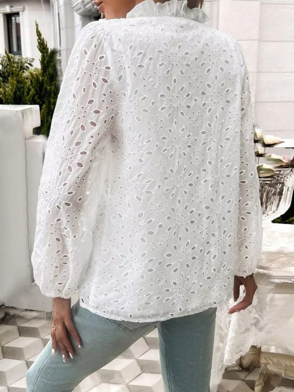 Elegant Ruffled Hollow Out Puff Sleeve Loose Fit Shirt - Image 3