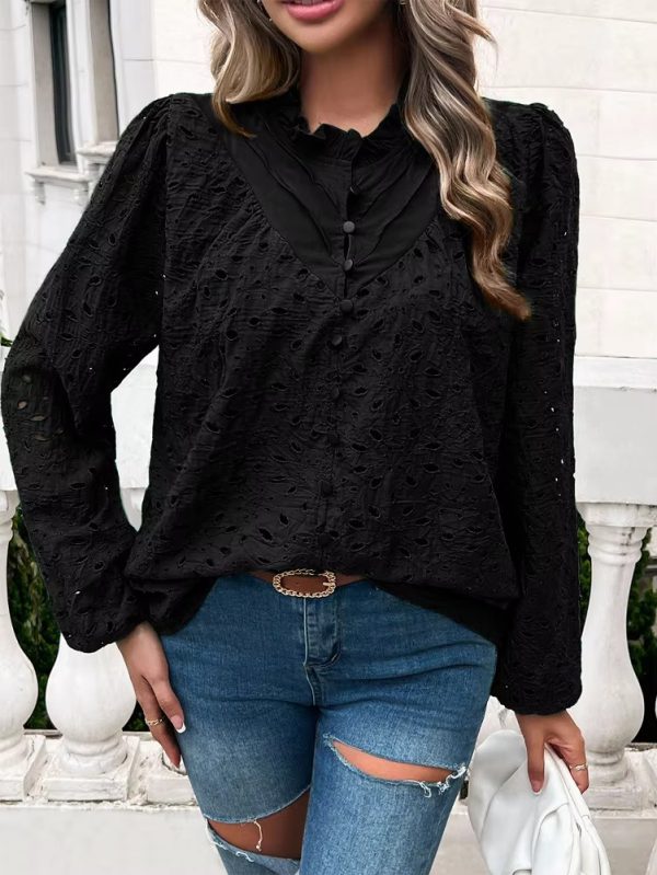 Elegant Ruffled Hollow Out Puff Sleeve Loose Fit Shirt - Image 5